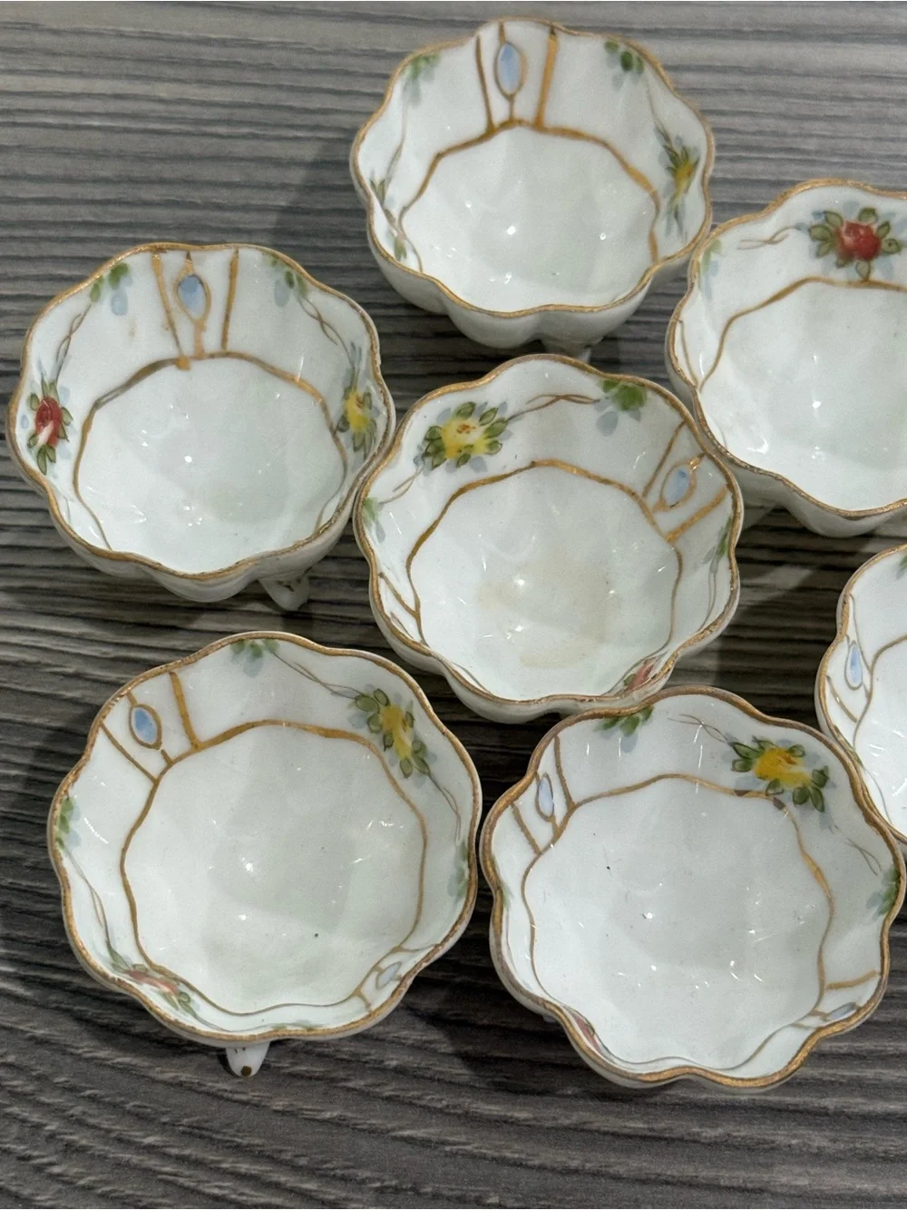 Set of 8 Floral Porcelain Salt or Pepper Bowls with Gold Trim